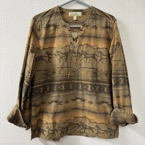 Vintage Cabela's Brown and Tan Southwestern Horse-Print Long Sleeve Cotton Shirt